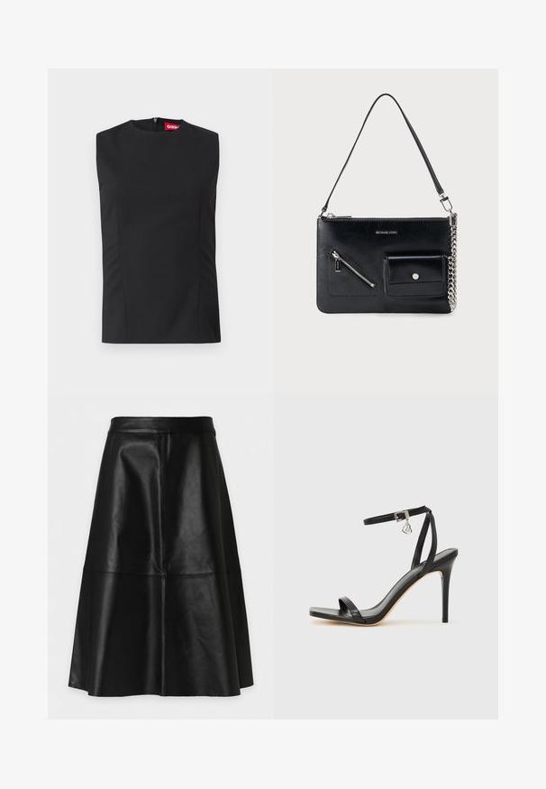 Top noir sans manches avec un col haut, des pinces sur le devant et une fermeture éclair invisible au dos. Fabriqué en tissu lisse avec une coupe structurée.; Jupe en cuir noire longueur genou coupe trapèze avec panneaux cousus et taille cintrée, présentée sur fond blanc.; Sandale à talon haut noire avec une bride étroite à la cheville, bout carré, cuir lisse et accent de boucle métallique.; Sac à bandoulière en cuir noir Michael Kors avec fermeture éclair supérieure, poche avant zippée en diagonale, poche à rabat avec bouton-pression et détail en chaîne argentée.