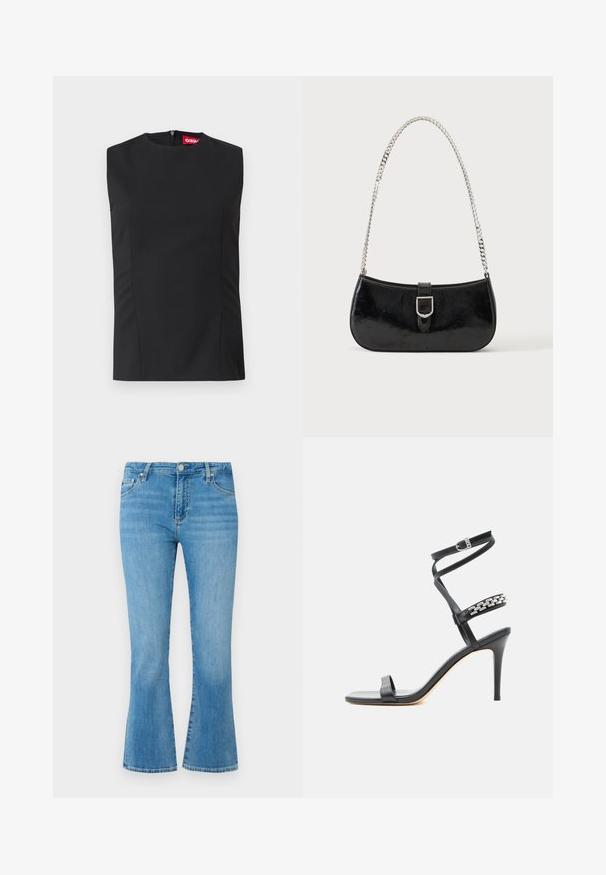 Sort ærmeløs top med høj hals, frontnerver og en usynlig lynlås i ryggen. Lavet af glat stof med en struktureret pasform.; Lyseblå denim flared jeans med høj talje, forlommer og en falmet vask. Har en metalspænde lukning og kontraststing.; Sort højhælet sandal med tynd ankelrem, midtfodsrem dekoreret med sølvkædeled og åben tå-design.; Sort skuldertaske i laklæder med sølv spænde og sølv kæderem, vist mod en ensartet lys baggrund.