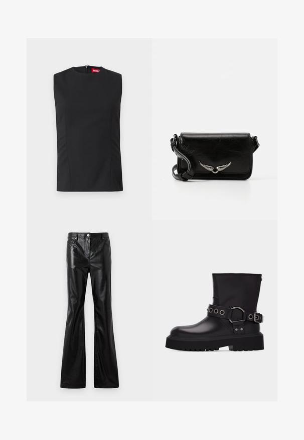 Top noir sans manches avec un col haut, des pinces sur le devant et une fermeture éclair invisible au dos. Fabriqué en tissu lisse avec une coupe structurée.; Rabanne Jean large - black; Botte en cuir noire mi-mollet avec semelle épaisse à crampons, bride décorative avec œillets en métal argenté et boucle latérale.; Sac en cuir noir à bandoulière avec un design à rabat, présentant des accents d'aile en argent et une finition texturée. Sangle réglable incluse.
