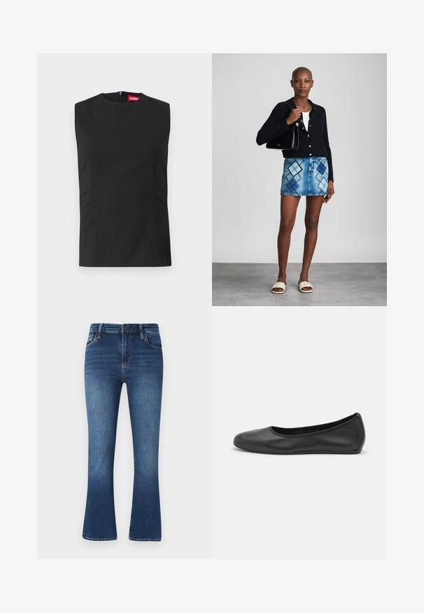 Top noir sans manches avec un col haut, des pinces sur le devant et une fermeture éclair invisible au dos. Fabriqué en tissu lisse avec une coupe structurée.; Jean flare bleu foncé en denim, présentant un design classique à cinq poches, des passants de ceinture et des détails de décoloration subtils sur le tissu.; Ballerines en cuir noir avec un bout rond, texture lisse, détails de couture minimalistes et design de semelle flexible.; Un cardigan en maille noir, un haut blanc, une jupe en denim avec un motif de diamants bleus et noirs, un sac à main noir et des sandales à enfiler beiges.