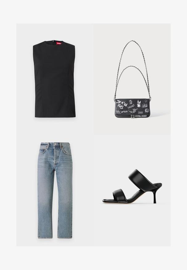 Schwarzes ärmelloses Oberteil mit hohem Halsausschnitt, Vorderfalten und unsichtbarem Reißverschluss auf der Rückseite. Hergestellt aus glattem Stoff mit strukturierter Passform.; Helle blaue Jeans mit geradem Schnitt, hoher Taille und klassischem Fünf-Taschen-Design. Mit subtilen Ausbleichungen und einem Reißverschluss.; Schwarze Leder-Mule-Sandale mit zwei breiten Riemen und einem schlanken, mittelhohen Stilettoabsatz auf einem schlichten hellen Hintergrund.; Schwarze Lederschultertasche mit silberner Kettenriemen, verziert mit weißem Graffiti-Text und Zeichnungen einschließlich "NOW OR NEVER" und Comic-Gesichtern.