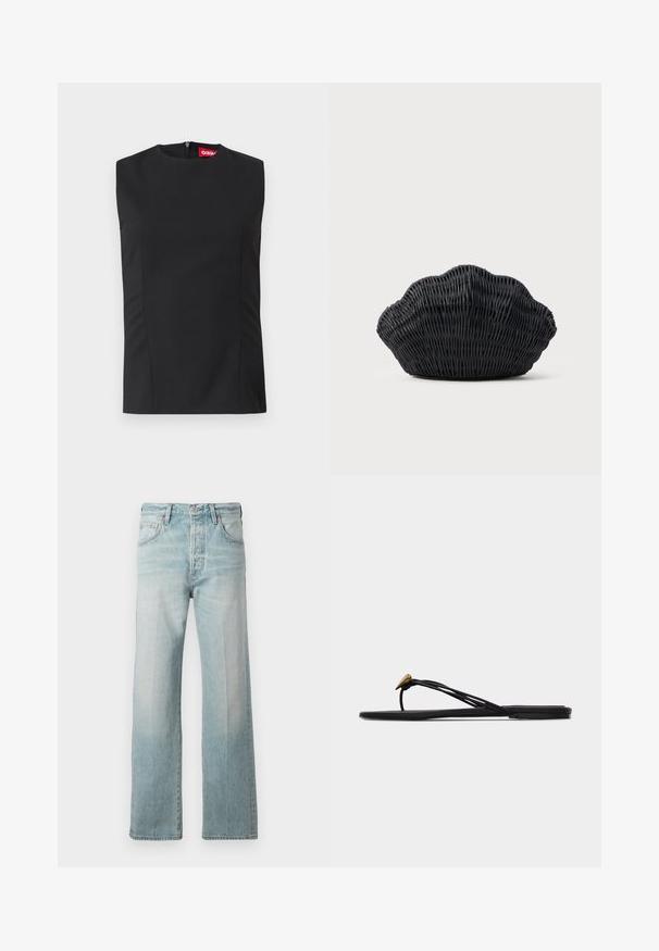 Musta ilmaõlgadega topp kõrge kaelusega, esipoolsete voltide ja nähtamatu tagasipöördega. Valmistatud siledast kangast, millel on struktureeritud lõige.; Heledad denim teksad, otse jalgadega kujundusega, kõrge vöökoht, eesmine taskud ja pleekinud tekstuur. Lõpetatud peene tikandiga vöökohaga.; Mustad madala platvormiga varbavõru sandaal mitme õhukese rihmaga ja väikese kuldse pisarakuju dekoratsiooniga esimesel rihmal.; Mustast punutud käsitööna valmistatud käekott, mis on kujult fenkoli koore sarnane, ümaral küljel ja kootud tekstuuriga ning lihtsal taustal.