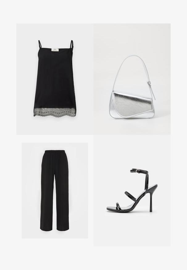 Camisola sin mangas negra con tirantes finos ajustables y ribete de encaje floral a lo largo del dobladillo sobre un fondo liso.; Pantalones de pierna ancha negros con una cinturilla elástica, que presentan una tela texturizada y un ajuste holgado. Diseñados para la comodidad y la facilidad de movimiento.; Sandalias de tacón alto de charol negro con tres tiras horizontales y una correa en el tobillo ajustable. Silueta elegante y acabado brillante.; Bolso de mano metálico plateado con forma triangular, textura suave y una fina correa de hombro ajustable. Presenta un diseño plegable con costuras.