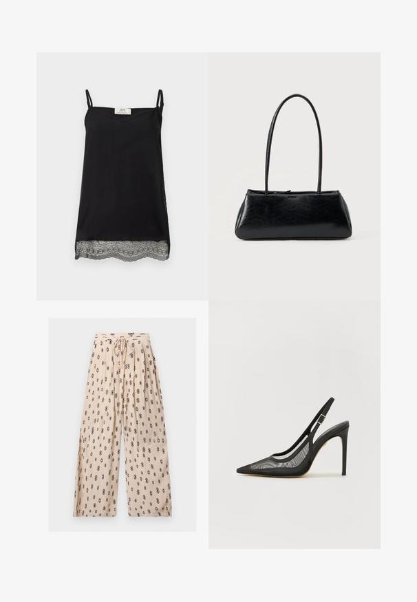 Caraco noir sans manches avec fines bretelles réglables et bordure en dentelle fleurie le long de l'ourlet sur fond uni.; Pantalon beige à jambes larges avec imprimé géométrique noir, taille élastique et cordon de serrage à l'avant avec embouts dorés.; L'escarpin noir à bout pointu présente un design en maille, une bride de cheville avec une boucle en argent et un talon aiguille haut. Texture lisse dans l'ensemble.; Sac à épaule rectangulaire noir avec de longues bretelles fines et une texture lisse et brillante sur un fond uni.