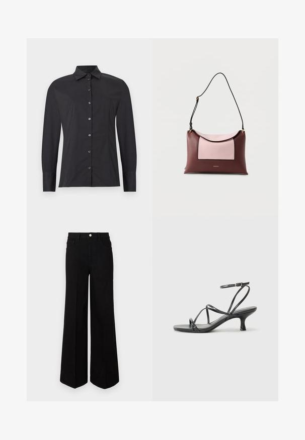 Chemise noire à manches longues avec boutons, col classique, coupe slim et détails de coutures sur fond gris clair.; Jean large noir fabriqué dans un tissu robuste, avec une taille haute, des poches avant et une fermeture à bouton à l'avant. Ourlet plat en bas.; Sandales noires à talons avec des fines lanières, un design ouvert à l'avant et un petit talon évasé. Le matériau semble lisse et brillant.; Sac à bandoulière rectangulaire en cuir bordeaux avec une poche avant rose pâle et une sangle noire réglable.