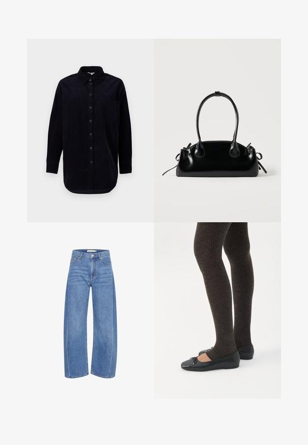 Schwarzes Cordhemd mit langen Ärmeln, einer durchgehenden Knopfleiste und einer Brusttasche. Mit abgerundetem Saum und strukturiertem Stoff.; Helles blaufarbene Denim-Weitbeinjeans mit hoher Taille, ausgestattet mit einem Knopf- und Reißverschluss, fünf Taschen und dezenten Auswaschungseffekten.; Beine in dunklen, gerippten Leggings kombiniert mit schwarzen Ballerinas mit kleinen Schleifendetails auf weißem Hintergrund.; Kleine schwarze glänzende Handtasche mit zwei langen Griffen und seitlichen Kordelzug-Details vor einfachem hellem Hintergrund.
