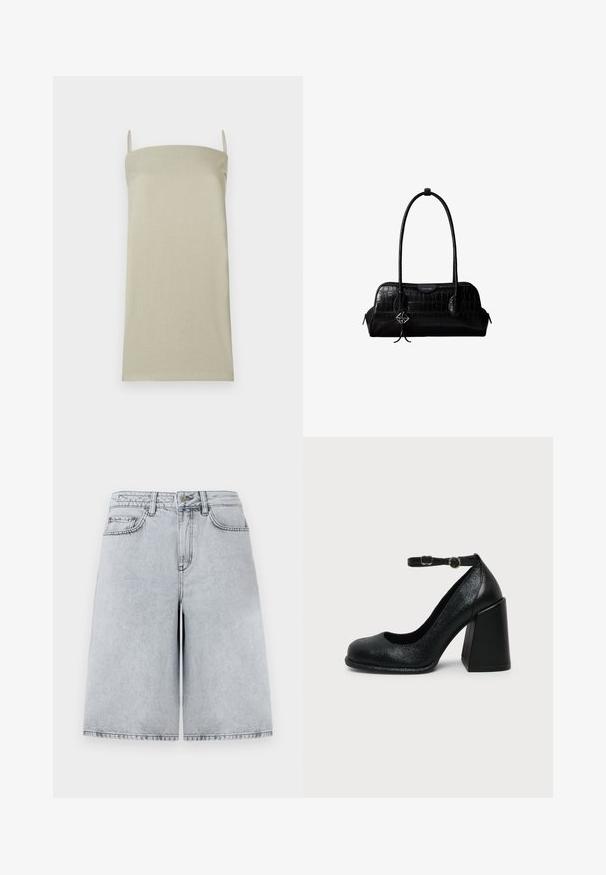 Lichtbeige camisole top met dunne bandjes, gemaakt van een gestructureerde stof. Rechte snit zonder patronen of extra accenten.; Lichtgrijze denim shorts met een ontspannen pasvorm, met een hoge taille, vijf zakken en een rechte snit. Strakke, minimalistische stikdetails.; Zwarte leren hoge hak met afgeronde neus en verstelbare enkelband met gouden gesp op een effen lichte achtergrond.; Zwarte schoudertas van leer met krokodillenstructuur, lange banden en een klein zilveren logohanger aan één band.