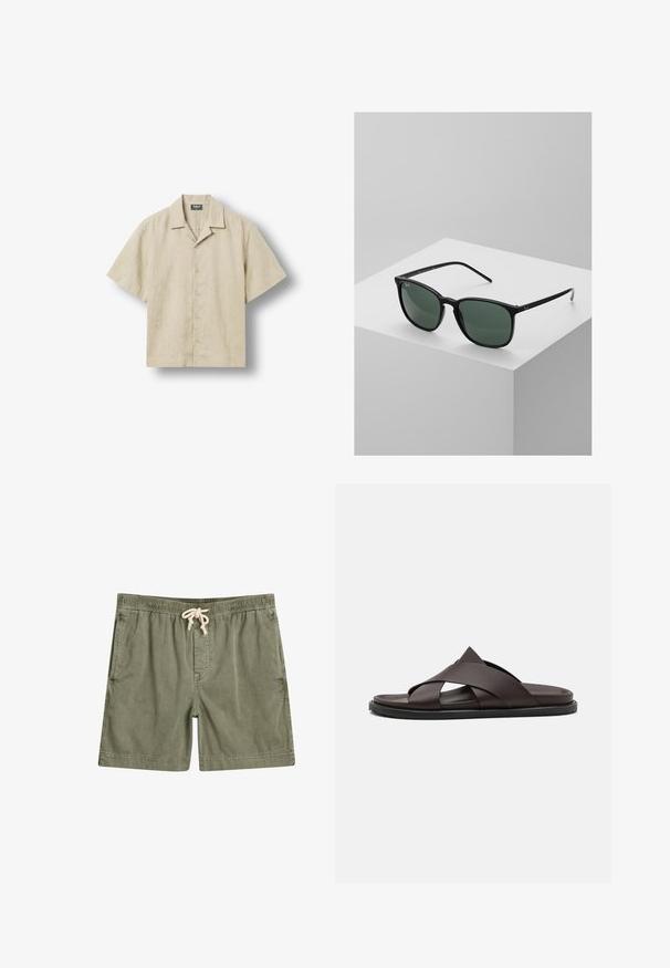 Camisa beige de manga corta con botones, cuello campestre, cinco botones en la parte delantera y etiqueta de la marca en el interior del cuello.; Shorts verde oliva hechos de una tela suave, con una cintura elástica y cordón, dos bolsillos laterales y un ajuste relajado.; Stuart Weitzman BERKLEY - Sandalias planas - espresso; Gafas de sol rectangulares negras con lentes verde oscuro, que cuentan con un diseño de marco de plástico ligero y acentos plateados en las patillas.