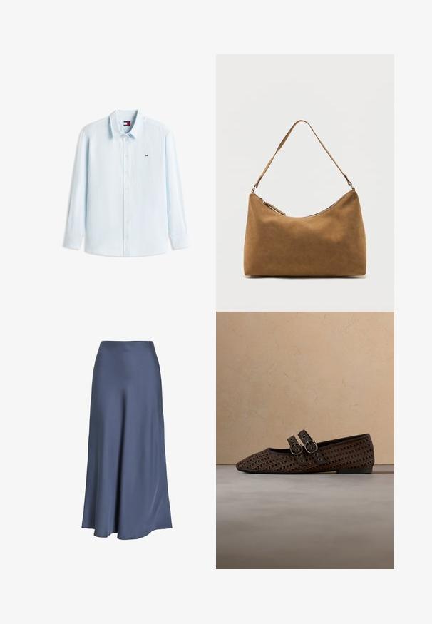 Vaaleansininen pitkähihainen kauluspaita, jossa ohuet valkoiset pystysuorat raidat, kaulus ja pieni Tommy Hilfiger -logo rinnassa.; Syvä sininen satiininen A-linjainen hame. Sujuva pinta, lattiaan ulottuva, istuva vyötärö ja levenevä helma. Ei näkyviä kuvioita tai metalliosia.; Tummanruskea kudottu nahkainen tasapohjakenkä, jossa on kaksi solkiremmiä, aseteltuna pyöreän puupöydän ja beigellä kudotun maton viereen.; Ruskea mokkanahkainen olkalaukku, jossa on yksi hihna ja ylävetoketjusuljin, esillä yksinkertaisen valkoisen taustan edessä.
