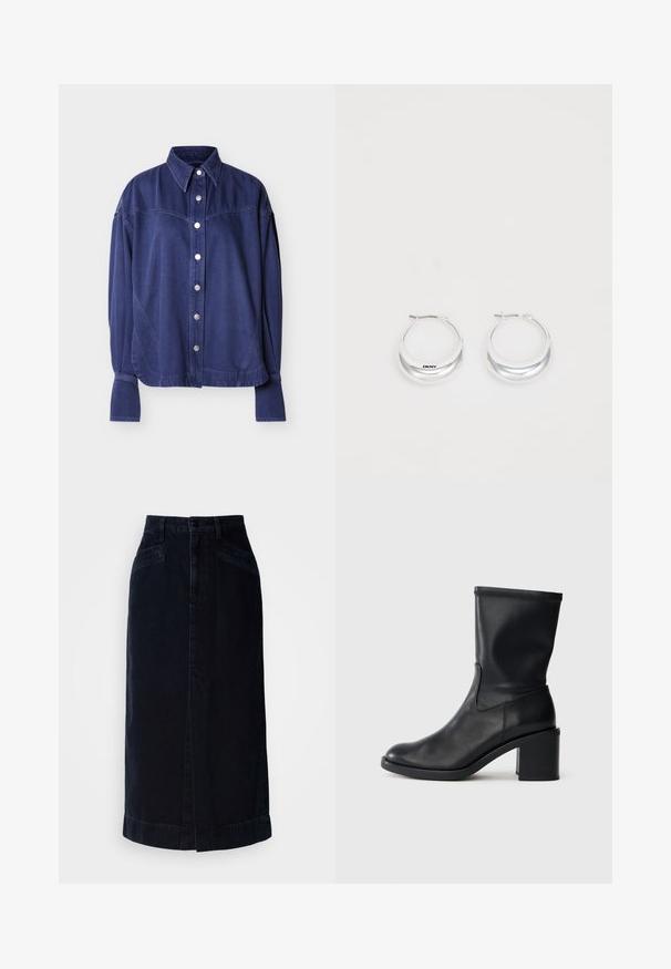 Blå denimskjorte med knaplukning foran, krave og diskrete skuldersømme. Stoffet har en glat tekstur med et afslappet design.; Mørk denim midi nederdel med høj talje, frontknaplukning og sidelommer; har en lige skæring og en subtil kantdetalje.; Sort læder ankelstøvle med rund tå, glat tekstur og en grov hæl, der har et tætsiddende skaft og subtil syning.; Sølv hoops øreringe med en poleret overflade og DKNY branding, præsenteret mod en simpel hvid baggrund.