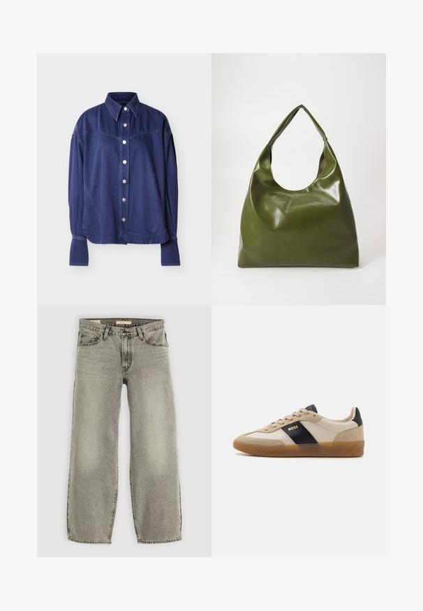 Blaues Denimhemd mit durchgehender Knopfleiste, Kragen und dezenten Schulternähten. Der Stoff hat eine glatte Textur und ein lässiges Design.; Helle graue, weite Jeans aus Denim. Verfügt über die traditionelle Fünf-Taschen-Optik und leichte Ausbleichungen im gesamten Stoff.; BOSS BRENTA - Sneaker low - medium beige; Grüne Leder-Hobo-Tasche mit einem lässigen Design, gebogenem Griff und glatter Textur. Enthält keine sichtbaren Beschläge oder Akzente.