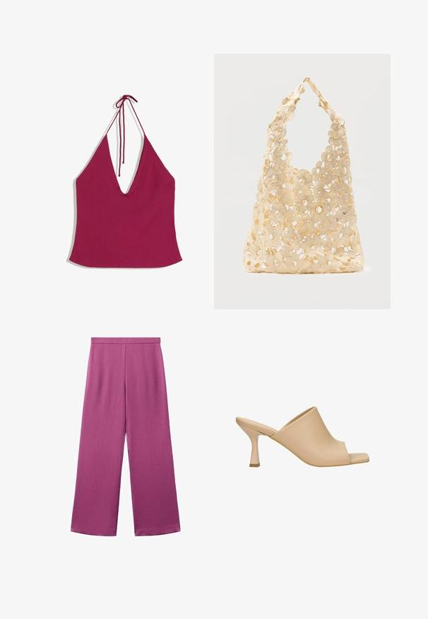 Top dos-nu sans manches rose foncé avec un profond décolleté en V et de fines bretelles nouées derrière la nuque, confectionné dans un tissu lisse.; Pantalon à jambes larges en tissu texturé rose profond avec une ceinture lisse. La coupe est droite, offrant une coupe décontractée et une longueur complète.; Mules beige à bout ouvert avec une tige courbée, en cuir lisse, et un talon bloc de hauteur intermédiaire avec un accent de base contrastant.; Sac fourre-tout en crochet beige avec un motif floral ajouré, présentant de grandes et petites fleurs ainsi qu'une poignée simple en boucle.