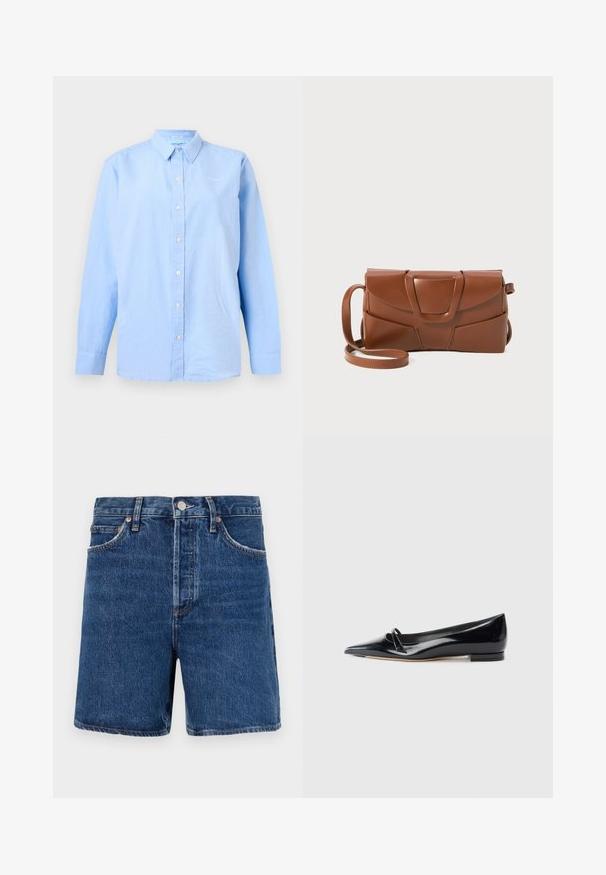Lyseblå langærmet skjorte med knapper og krave samt lille hvid broderet tekst på venstre bryst.; Mørkeblå denim shorts i klassisk snit, med fem lommer, knaplukning og kontrasterende orange syninger.; Sorte patentlæder flade sko med spids tå, lille dekorativ rem og lav blokhæl. Glat tekstur og strømlinet design.; Brun læder håndtaske med et elegant design, der har en struktureret klap, en fremtrædende lås og en justerbar skulderrem for alsidighed.