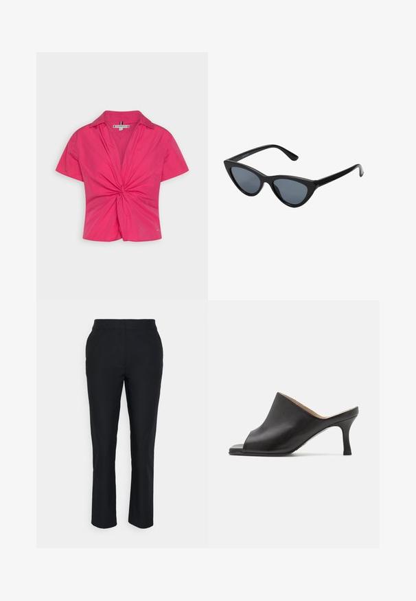Tommy Hilfiger SOLID POPLIN TWIST - Blusa - bright cerise pink; Pantalones negros ajustados con pierna recta, hechos de una tela suave. Presentan una cinturilla sin cierres visibles ni bolsillos.; Selected ASHLEY - Mules de tacón - black; Gafas de sol negras en forma de ojo de gato con lentes gris oscuro, marco de plástico elegante, esquinas puntiagudas y patillas rectas. Sin herrajes ni acentos visibles.