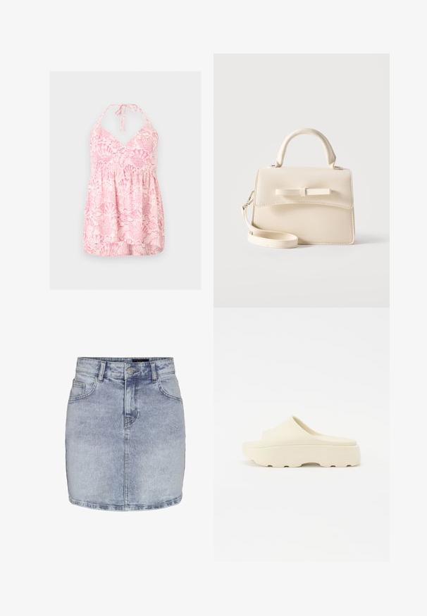 Rosa-weißes Neckholder-Oberteil mit Muschel-Muster und geraffter Taille, für eine lockere, fließende Passform entworfen.; Hellblauer Jeans-Minirock mit vorderer Knopfleiste, Reißverschluss, Gürtelschlaufen und zwei Vordertaschen vor weißem Hintergrund.; Beige Slippersandale mit einer glatten, gummiartigen Oberfläche, runder Zehenpartie, dicker Sohle und strukturiertem Boden für guten Halt. Minimalistisches Design.; Kleine beige Handtasche mit Tragegriff oben, abnehmbarem Riemen, vorderer Klappe und dekorativer horizontaler Schleife vor einfarbigem Hintergrund.