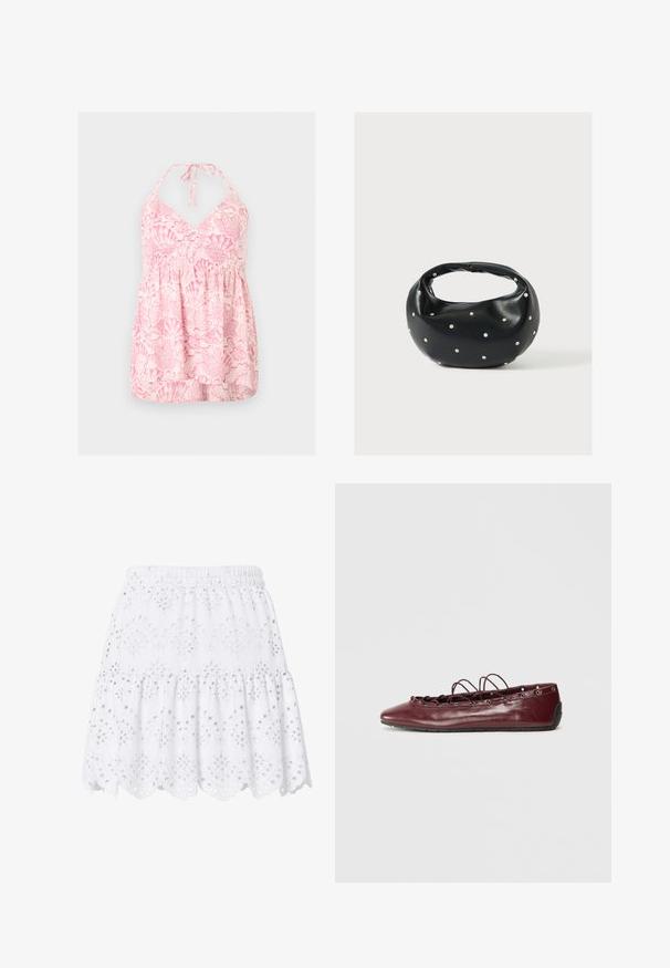 Haut à col halter rose et blanc avec motif coquillage et taille froncée, conçu pour une coupe ample et fluide.; Jupe courte blanche à volants avec taille élastique, broderie anglaise et ourlet festonné décoré de motifs floraux.; Femme ballerine en cuir bordeaux avec un bout pointu, des détails en dentelle sur le devant et des œillets en argent. Semelle souple pour plus de flexibilité et de confort.; Sac à main en cuir noir de forme arrondie, décoré de clous argentés et équipé d'une poignée courte. Texture lisse et fermeture éclair.