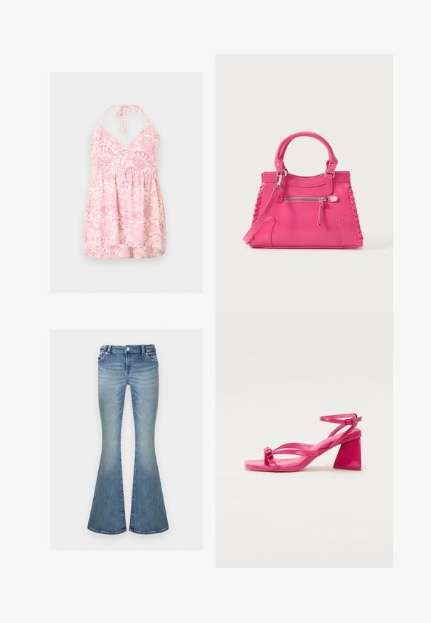 Lyserød og hvid halterneck-top med muslingemønster og rynket talje, designet til en løs, flydende pasform.; Lyseblå falmede denimjeans med høj talje og vide, flagrende ben, med forlommer og knaplukning.; Lyserøde patenterede læderhælede sandaler med firkantet tå, smalle stropper og en geometrisk blokhæl. Har en spænde detaljer på stroppen.; Rosa læderhåndtaske med dobbelte håndtag, dekorativ sidesnøring og en lynlåslomme foran. Glat tekstur, struktureret form.