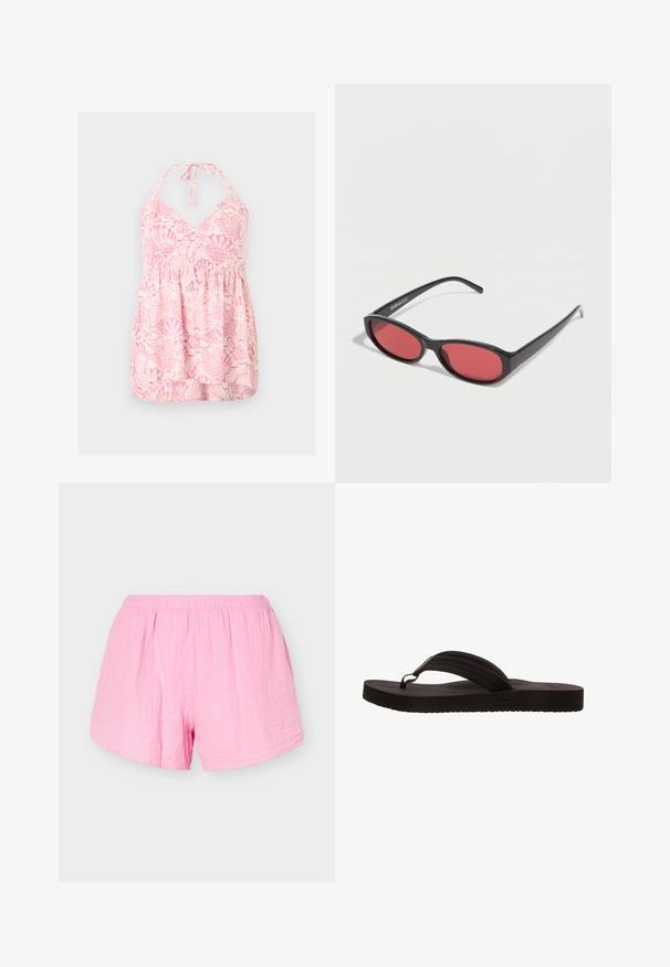 Top de cuello halter rosa y blanco con estampado de conchas marinas y cintura fruncida, diseñado para un ajuste suelto y fluido.; Pantalones cortos de algodón rosa claro con cintura elástica y corte holgado, mostrados sobre un fondo claro y liso.; Chancla negra con suela de goma, que presenta un diseño de sola tira con tres ranuras horizontales. Textura plana y suave sin patrones adicionales.; Gafas de sol ovaladas negras con varillas delgadas y lentes tintados de rojo descansando sobre una superficie blanca.