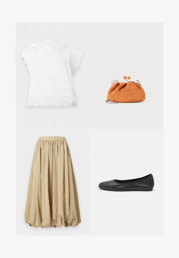 Witte mouwloze blouse met opengewerkt kant en gekartelde randen aan de mouwen en zoom, voorzien van een strakke tailleriem aan de zijkant.; Beige midi-rok met een geplooid taillegedeelte, vloeiende stof en volumineuze vorm, met een gestructureerd oppervlak en subtiele kreukdetails.; Zwarte leren ballerina met een ronde neus, gladde textuur, minimale stikdetails en een flexibele zoolontwerp.; Kleine oranje geweven clutch met zilverkleurig metalen frame, ronde sluiting en een zilveren kettingriem op een witte achtergrond.
