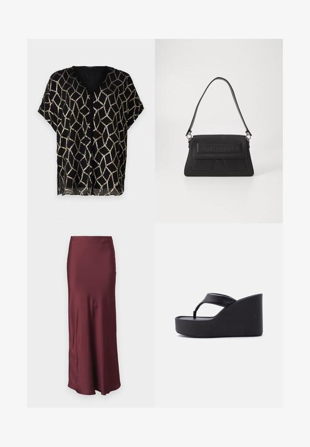 Schwarze Bluse mit kurzen Ärmeln und V-Ausschnitt, mit einem geometrischen goldenen Metallic-Muster auf einem transparenten Stoff. Leicht und locker geschnitten.; Burgunder satinhult lange Rock mit tailliertem Bund und ausgestellt Saum, der eine glatte Textur aufweist und keine sichtbaren Muster oder Verzierungen hat.; Schwarze Keilsandalette mit breitem Zehenriemen und erhöhter Sohle, entworfen für den Freizeitgebrauch.; Schwarze Handtasche mit strukturiertem Oberflächenmaterial, einer umklappbaren Klappe mit geprägt Logo und einem schmalen Schulterriemen. Rechteckige Form mit kantigen Akzenten.