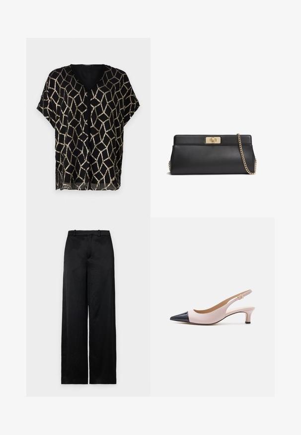 Blusa negra de manga corta con escote en V, que presenta un patrón geométrico de metal dorado sobre una tela transparente. Diseño ligero y holgado.; Pantalones de pierna ancha negros, hechos de una tela ligera y texturizada. Presentan una cinturilla lisa con trabillas para el cinturón y una silueta recta y fluida.; Zapato de tacón bajo con correa slingback en tonos beige y negro, punta puntiaguda y pequeño hebilla dorada sobre fondo blanco.; Bolso de mano de cuero negro con cierre de giro metálico en tono dorado y una correa de hombro a juego con cadena dorada.