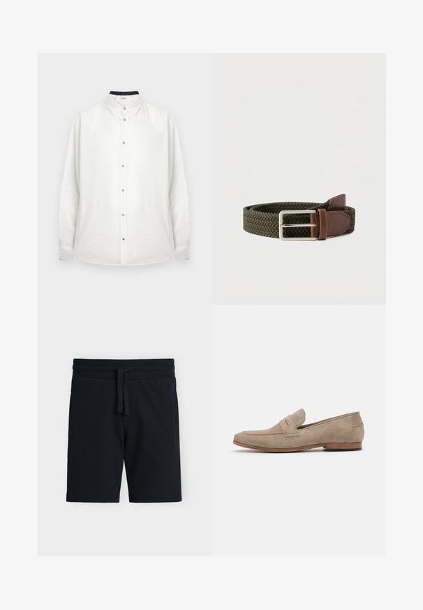 Chemise blanche à manches longues avec col classique et boutons beige, présentée sur un fond uni.; Shorts en maille texturée noire avec taille élastique et cordon, équipés de poches latérales, présentés à plat sur fond blanc.; Mocassin en suède beige avec des coutures minimales, un talon plat et une semelle en cuir. Présente un accent de lanière unique près du cou-de-pied. Silhouette plate.; Ceinture en tissu tressé vert olive avec extrémité en cuir marron et boucle rectangulaire en métal argenté, enroulée sur un fond blanc.