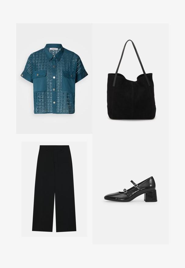 Blouse à manches courtes teal avec des détails en dentelle et deux poches poitrine. Présente un devant boutonné et un col. Texturé avec des motifs ajourés.; Pantalons noirs à jambe large en tissu lisse. Dotés d'une taille plate avec passants de ceinture et sans poches visibles. Design simple.; Chaussures Mary Jane en cuir verni noir avec un bout pointu, deux sangles réglables et un talon épais. Texture lisse et finition brillante.; Sac fourre-tout en suède noir avec deux longues anses en cuir plates. Présente un bord supérieur incurvé et des coutures visibles sur le devant. Pas d'accents en métal.