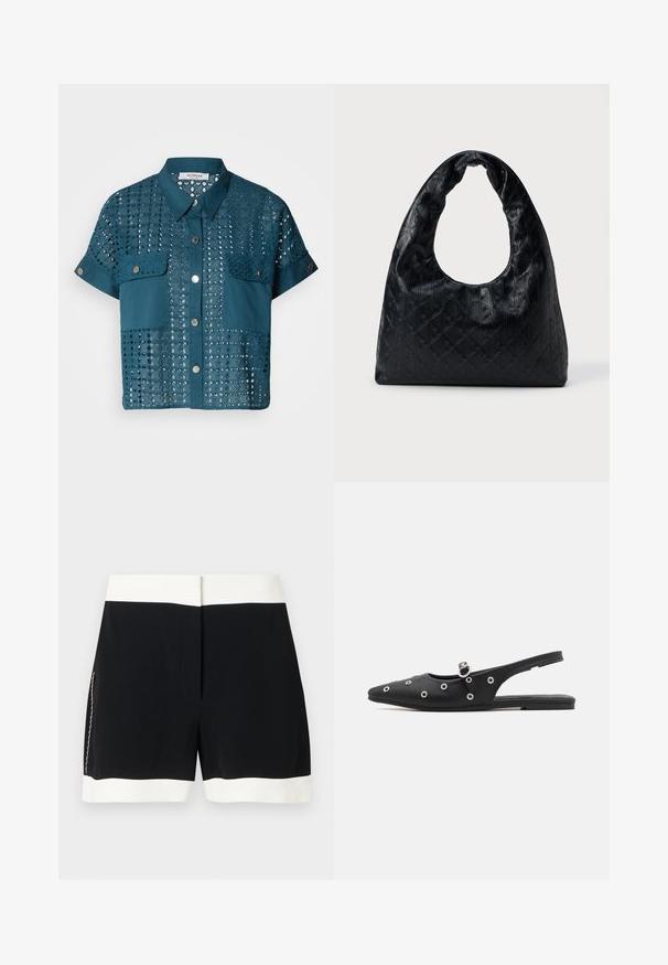 Türkise Kurzarmbluse mit Spitzenverzierungen und zwei Brusttaschen. Sie hat eine durchgehende Knopfleiste und einen Kragen. Mit Lochmuster strukturiert.; Schwarze Shorts mit weißem Bund und Saum, die ein dezentes Seitenreißverschlussdetail aufweisen, vor einem schlichten Hintergrund präsentiert.; Schwarzer Slingback-Schuh mit spitz zulaufender Zehenpartie, glattem Material, silbernen Ösenakzenten und einem Schnallenriemen. Flache Sohle mit minimalem Profil.; Schwarze Lederhandtasche mit einer strukturierten, runden Form, ausgestattet mit einem großen, halbmondförmigen Ausschnittgriff und einem strukturierten Rautenmuster.