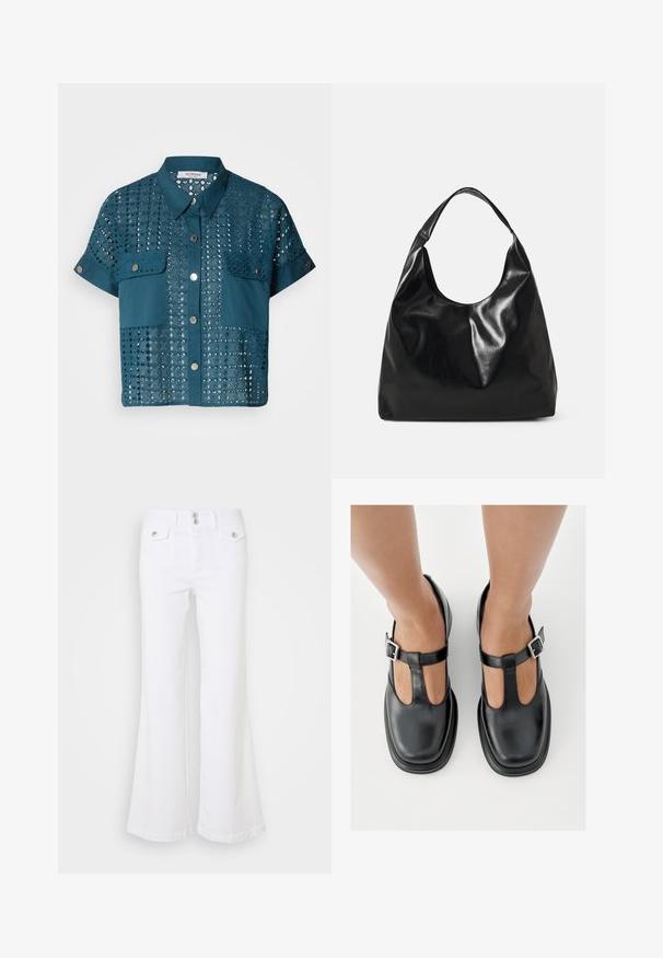Teal kortærmet bluse med blonde detaljer og to brystlommer. Har knaplukning foran og krave. Tekstureret med hulmønstre.; Hvide udsvingende jeans lavet af denim, med høj talje, to forlommer og sølvknapdetaljer på en ensfarvet baggrund.; Sorte lædersko med T-rem-design, lukket tå og sølvfarvede spændeaccenter. Glat tekstur med rundet tå og flad sål.; Sort læder hobo taske med en blød, skinnende tekstur og en rund, åben top. Har en bred, buet strop til bæring. Ingen synlig hardware.