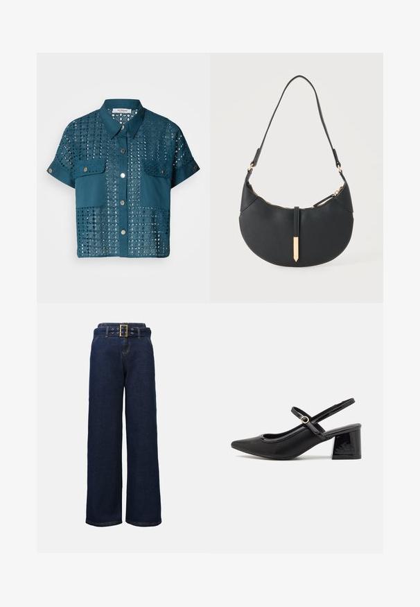 Teal blouse met korte mouwen, voorzien van kantdetails en twee borstzakken. Heeft een knoopsluiting aan de voorkant en een kraag. Gemaakt met een structuur van perforaties.; Donkerblauwe wijde denim broek met gestikte zakken en een bijpassende riem met een grote rechthoekige gouden gesp.; Zwarte gepolijste leren slingback hakken met een spitse neus, een ronde uitsnede en een blokhak. Voorzien van een gouden gespaccent.; Zwarte handtas in halve maanvorm met een enkele band, gouden rits en een gouden rechthoekige decoratieve tab aan de voorkant.