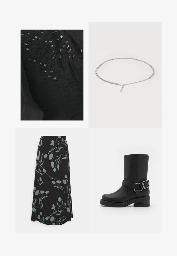 Sort stof med blomster- og bladv blomsterbroderi. Udsnit i designet fremhæver teksturen og håndværket.; Vero Moda Tall VMMARTA - Pencil skirt - black/marta; Sort læderankelstøvle med rund tå, tyk hæl og en dekorativ spænde-rem omkring anklen. Struktureret finish.; Sølvkædehalskæde med små rektangulære metalaccents jævnt fordelt og en justerbar lås på en hvid baggrund.