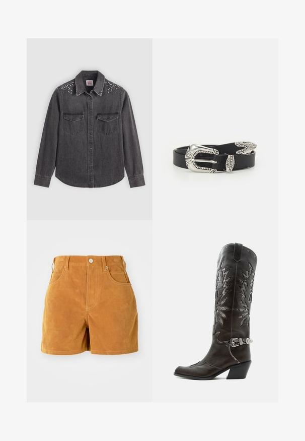Chemise en denim noir à manches longues, avec col pointu, deux poches poitrine, accents en clous argentés sur les épaules, devant à boutons.; Shorts taille haute en daim marron avec bouton à l'avant, passants de ceinture et style à cinq poches sur fond blanc uni.; Botte de cowboy en cuir noir avec découpes décoratives, boucle argentée et talon incliné, présentée sur fond blanc.; Ceinture en cuir noir avec une grande boucle en métal argenté dotée de détails complexes et d'accents décoratifs à chaque extrémité.