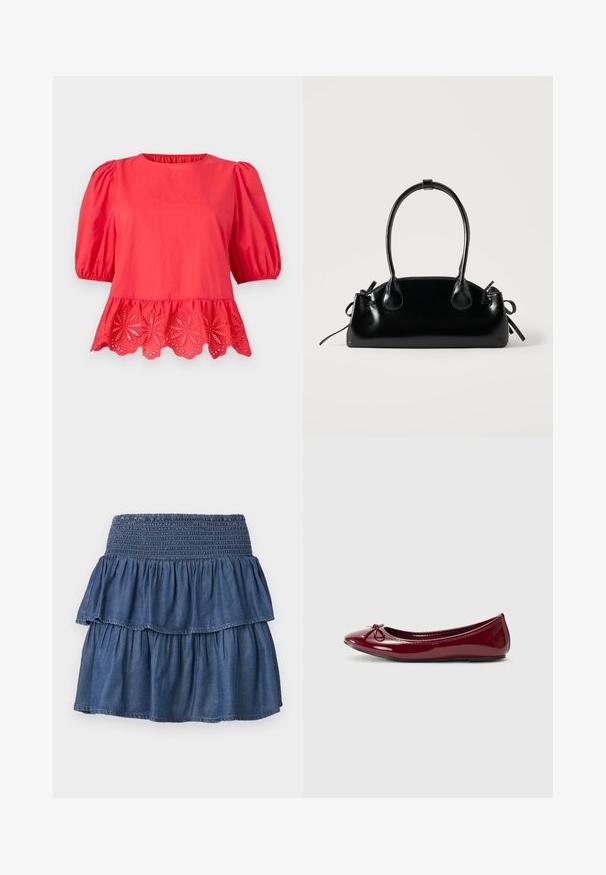 Rote Bluse mit aufgesetzten Ellbogenlangen Puffärmeln und gewelltem Saum mit floralen Cutout-Stickereidetails.; Blauer gestufter Jeansrock mit weitem gerafftem Bündchen und zwei gesammelten Lagen auf einfarbigem Hintergrund.; Balletschuh aus glänzendem burgunderfarbenem Lackleder, mit runder Zehe und kleinem Schleifendetail an der Vorderseite. Glatte Textur, niedriger Absatz.; Kleine schwarze glänzende Handtasche mit zwei langen Griffen und seitlichen Kordelzug-Details vor einfachem hellem Hintergrund.