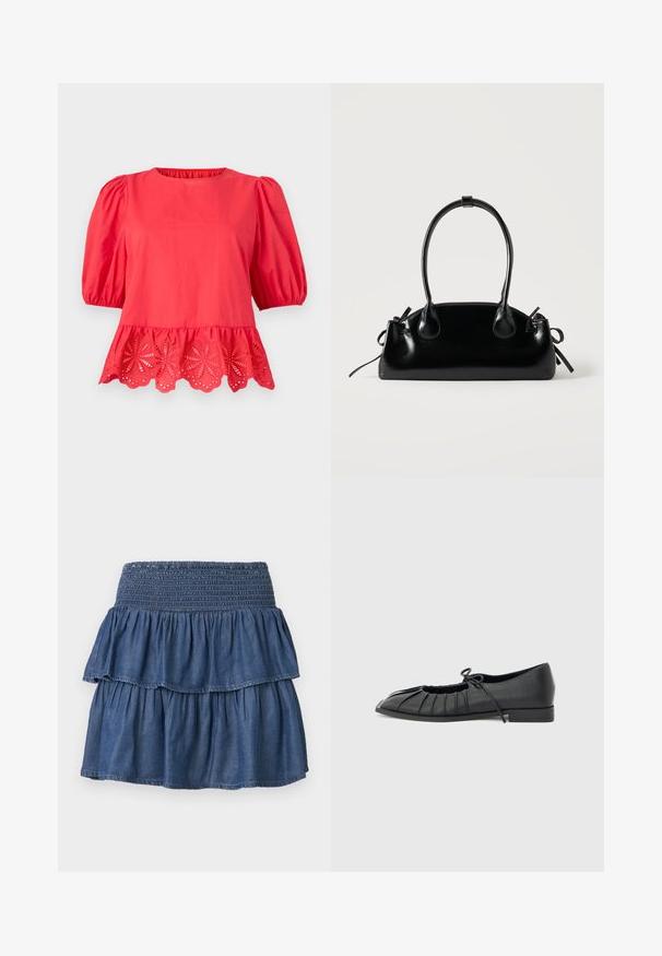 Blouse rouge à manches bouffantes mi-longues aux coudes et ourlet festonné avec des détails de broderie florale ajourée.; Jupe en jean bleue à volants avec une large ceinture smockée et deux couches froncées sur un fond uni.; Chaussure plate noire avec design plissé à l'avant et un nœud noué sur le dessus, petit talon, et texture lisse sur un fond gris clair.; Petit sac à main noir brillant avec deux longues anses et des détails à cordon sur les côtés sur un fond clair uni.