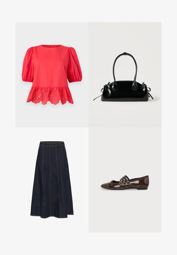 Rode blouse met pofmouwen tot op de elleboog en een geschulpte zoom met bloemrijke uitsnijkantborduurwerk details.; Donkerdenim A-lijn rok met een brede tailleband, zichtbare stiksels en een uitlopende zoom. Er zijn geen zakken of versieringen aanwezig.; Bruine lakleren platte schoen met puntige neus en drie verstelbare gespen aan de zijkant, gezien vanaf de buitenkant.; Kleine zwarte glanzende handtas met twee lange hengsels en zijkant trekkoord details op een effen lichte achtergrond.