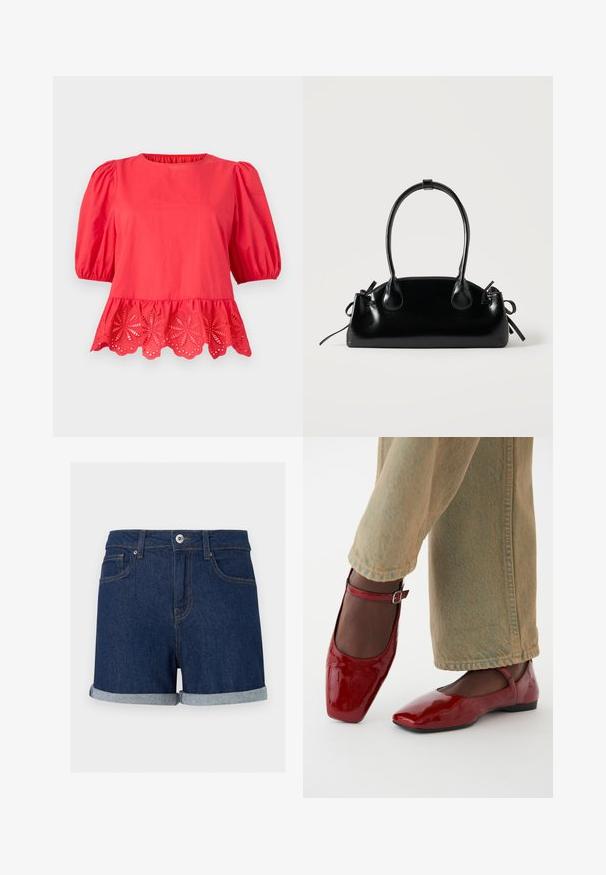 Blouse rouge à manches bouffantes mi-longues aux coudes et ourlet festonné avec des détails de broderie florale ajourée.; Short en denim bleu foncé avec ourlets pliés, fermeture à boutons et zip à l'avant, et poches avant sur fond uni.; Chaussures en cuir verni rouge avec un bout carré, un petit talon et une sangle de cheville, associées à un jean large vert clair. Texture lisse, surface réfléchissante.; Petit sac à main noir brillant avec deux longues anses et des détails à cordon sur les côtés sur un fond clair uni.