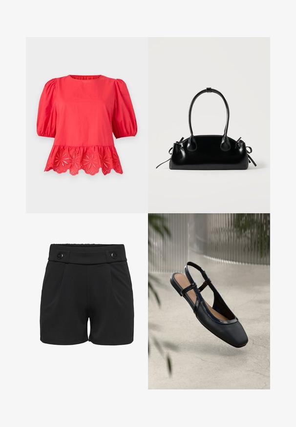 Rød bluse med puffede ærmer til albuen og bølget kant med blomsterudskæringsbroderi.; Sorte shorts lavet af glat stof, med en bred talje med to sorte knapper, folder foran og sidelommer.; Sorte læder slingback flade sko med firkantet tå, prydet med en blank patenteret kant og justerbare remme for en sikker pasform.; Lille sort blank håndtaske med to lange håndtag og snøre-detaljer i siden på en ensfarvet lys baggrund.