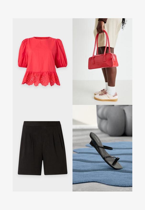 Blouse rouge à manches bouffantes mi-longues aux coudes et ourlet festonné avec des détails de broderie florale ajourée.; Shorts noirs en tissu doux, avec une texture lisse, une taille élastique et un design à plis à l'avant. Simples et sans ornements.; Sandale noire à brides avec boucle d’orteil exposée sur un tapis texturé bleu, avec un grand objet décoratif gris flouté en arrière-plan.; Sac à main rouge en cuir gaufré crocodile avec deux poignées et fermeture éclair. Forme rectangulaire, texture lisse et finition brillante.