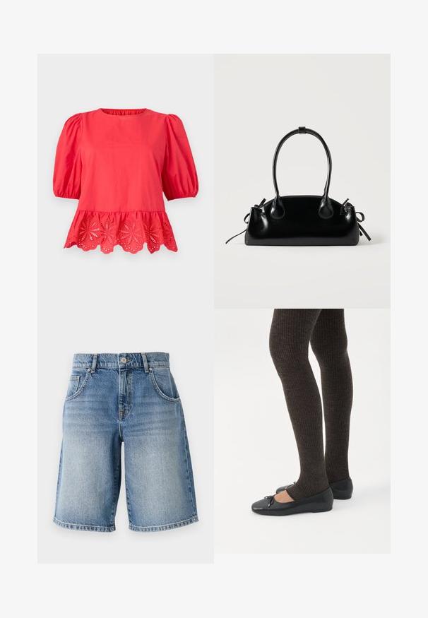 Rød bluse med puffede ærmer til albuen og bølget kant med blomsterudskæringsbroderi.; Lysblå denimshorts med lige pasform, fem lommer og bronzefarvet hardware. Har en rå kant og en falmet vaskemæssig struktur.; Ben iført mørke ribbede leggings kombineret med sorte balletsko med små sløjfedetaljer på hvid baggrund.; Lille sort blank håndtaske med to lange håndtag og snøre-detaljer i siden på en ensfarvet lys baggrund.