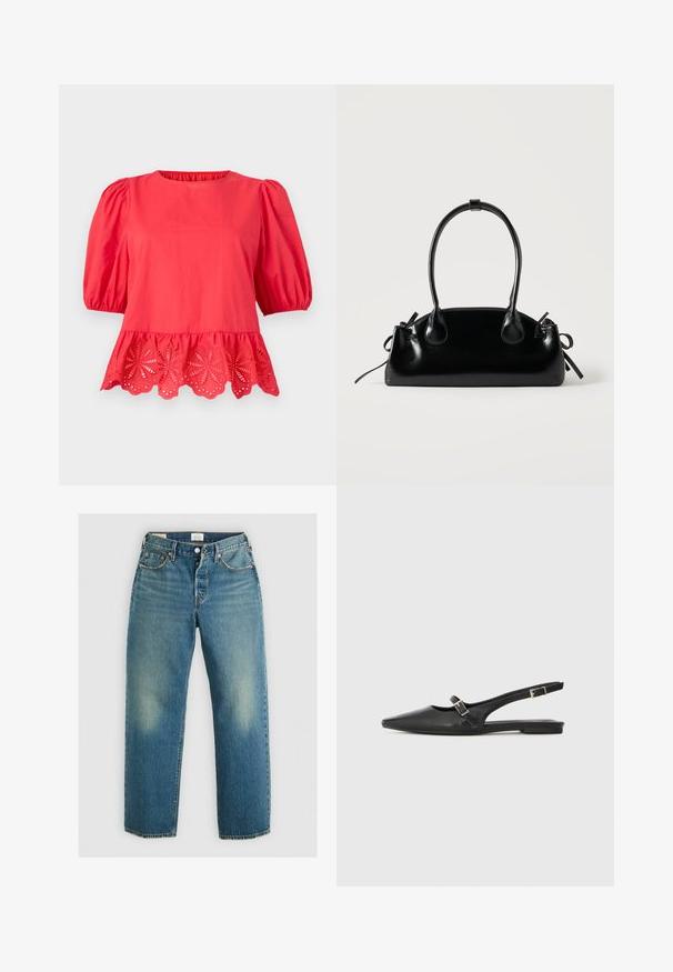 Rode blouse met pofmouwen tot op de elleboog en een geschulpte zoom met bloemrijke uitsnijkantborduurwerk details.; Levi's® 501® '90S ANKLE - Straight leg jeans - blank slate; Zwarte leren slingback schoenen met een spitse neus, voorzien van een smalle band en een zilveren gesp aan de zijkant. Platte zool.; Kleine zwarte glanzende handtas met twee lange hengsels en zijkant trekkoord details op een effen lichte achtergrond.
