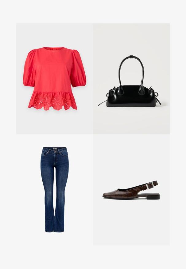 Blouse rouge à manches bouffantes mi-longues aux coudes et ourlet festonné avec des détails de broderie florale ajourée.; Jean en denim bleu foncé avec un léger délavage, conception à cinq poches, fermeture à bouton et coupe évasée, étiqueté "ONLY" à la taille.; Chaussure plate slingback en cuir marron foncé avec bout carré, texture crocodile et boucle argentée sur la bride.; Petit sac à main noir brillant avec deux longues anses et des détails à cordon sur les côtés sur un fond clair uni.