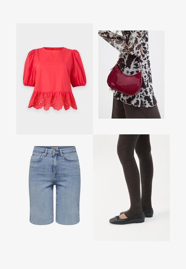 Rød bluse med puffede ærmer til albuen og bølget kant med blomsterudskæringsbroderi.; Lyseblå denimshorts med forlommer, bæltestropper, en metalknap og en lynlåslukning.; Ben iført mørke ribbede leggings kombineret med sorte balletsko med små sløjfedetaljer på hvid baggrund.; Kvinde iført en sort- og hvidmønstret bluse, der holder en blank rød skuldertaske mod en ensfarvet baggrund.
