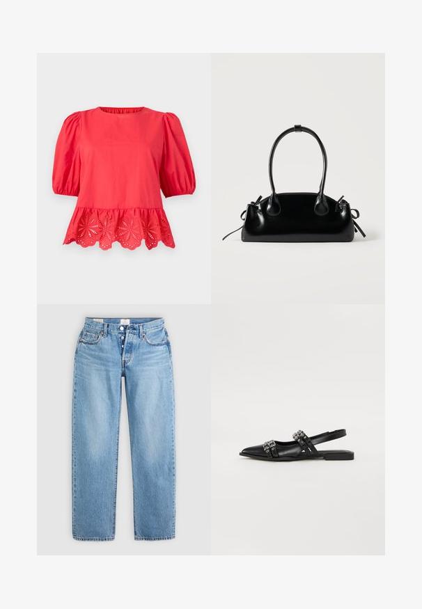 Rød bluse med puffede ærmer til albuen og bølget kant med blomsterudskæringsbroderi.; Lysblå denim jeans med lige snit, fem lommer og knaplukning. Har syet detaljer og en ren kant.; Even&Odd Slingback-ballerinasko - black; Lille sort blank håndtaske med to lange håndtag og snøre-detaljer i siden på en ensfarvet lys baggrund.