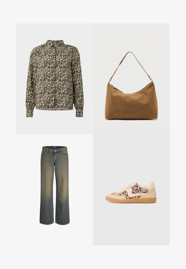 Groen gemusterde overhemd met lange mouwen, met een bloemenpatroon in het wit en subtiele details in de textuur van de stof.; Wijduitlopende blauwe denim jeans met een lichte naar donkere verloop, vijf-pocket ontwerp en een knoopsluiting. Gestikte details op de randen.; Luipaardprint sneakers met een beige suède bovenkant, tan rubberen zool en witte accenten. Ronde neus en vetersluiting met een gestructureerde afwerking.; Bruine suède schoudertas met een enkele band en een ritssluiting aan de bovenkant, gepresenteerd tegen een effen witte achtergrond.