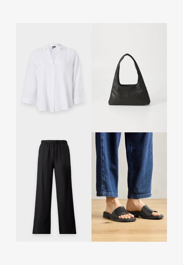 Witte lange mouwen linnen blouse met een kraag, v-hals en subtiele plooien. Heeft een relaxte pasvorm en manchetten met een omgeslagen zoom.; Zwarte wijde pantalons gemaakt van lichtgewicht stof, met een elastische tailleband en een trekkoord, en een soepele textuur.; Zwarte instapsandalen van glad materiaal, met een open teen en een brede bovenband, geplaatst tegen donkere denimspijkerbroeken met een rechte pasvorm.; Zwart leren handtas met een triangulaire vorm, een grote uitsparingshandgreep en gedetailleerde stiksels langs de randen. Glad textuur.