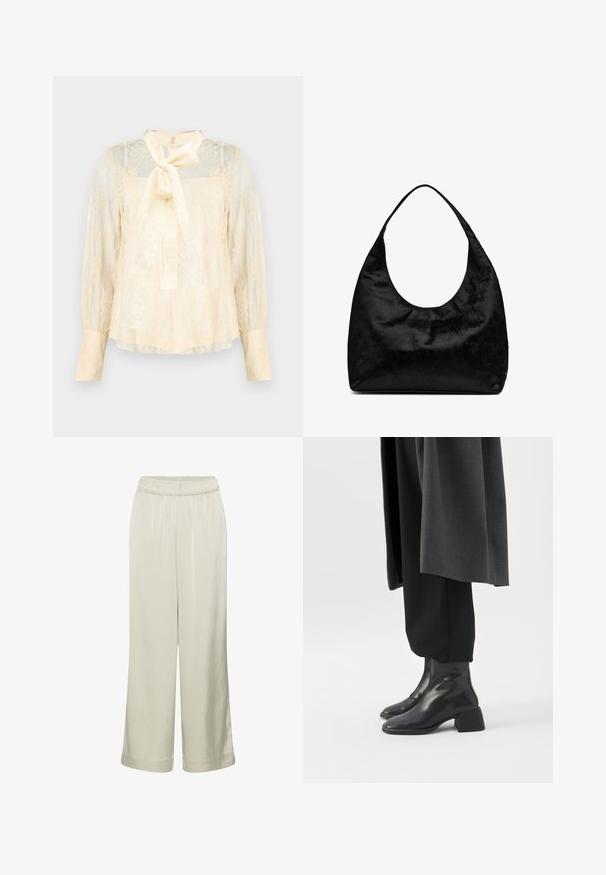 Lichtcrèmekleurige blouse van kant met een strikdetail bij de hals, doorschijnende lange mouwen en met knopen sluitende manchetten. Geheel voorzien van een textuur met een bloemmotief.; Lichtbeige wijde broek met elastische tailleband en gladde stof, losse pasvorm en zonder zichtbare zakken of versieringen.; Zwarte leren enkellaarzen met lage blokhakken gedragen met een zwarte broek en een donkergrijze lange jas.; Zwarte hobo-tas van nepbont met een brede, gebogen band en een grote, open bovenkant. Heeft een gladde textuur en een minimalistisch ontwerp.