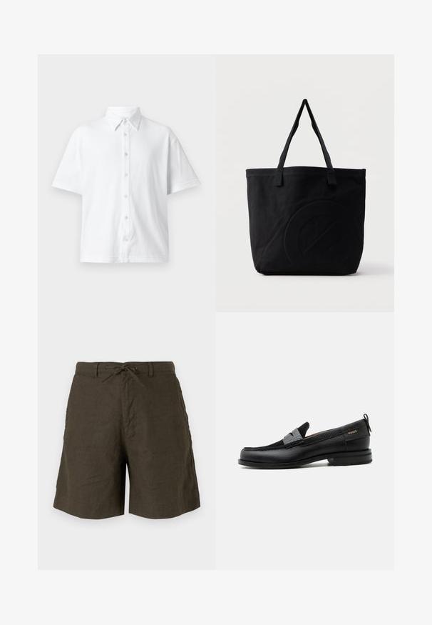 Witte kortemouw button-up blouse van gestructureerde stof met een klassieke kraag en een lijnenpatroon. Zes knoppen aan de voorkant.; Khaki shorts van linnen, met een verstelbare tailleband, zijzakken en een comfortabele pasvorm met een gladde textuur.; Zwarte leren loafer met grijs riemdetailelement, lage hak en gestructureerde zool, aan de zijkant gebrandmerkt met "HUGO" in goud.; Zwarte canvas tas met twee schouderbanden en een subtiel, ingebosseleerd cirkelvormig ontwerp aan de voorkant.