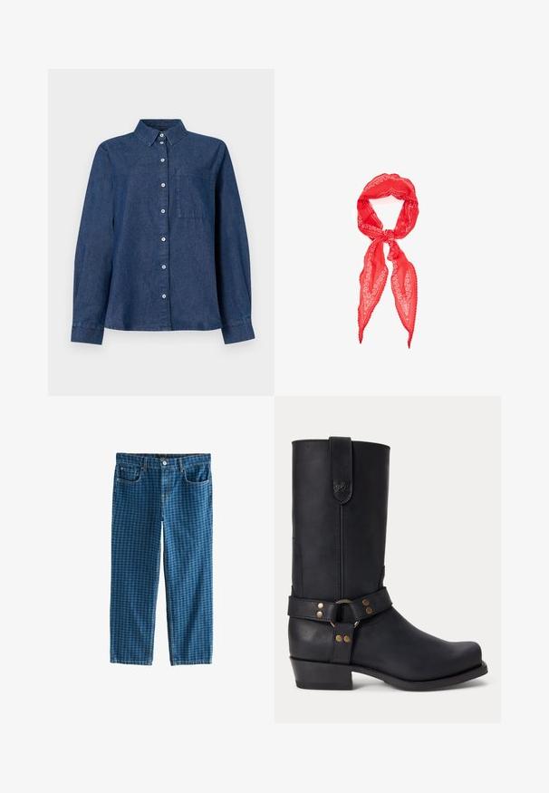 Donkerblauwe denim overhemd met lange mouwen, voorzien van een knoopsluiting aan de voorkant, spitse kraag, een enkele borstzak en knoopmanchetten.; Blauwe spijkerbroek van denim met een geruit patroon. Heeft vijf zakken, een rits en een standaard riemlus tailleband. Ruime pasvorm, rechte pijpen.; Zwarte leren laars tot halverwege de kuit met lage hak, ronde neus en decoratieve band met metalen klinknagels en ring rond de enkel.; Rode bandana met witte paisley-patronen, los gestrikt tegen een witte achtergrond.