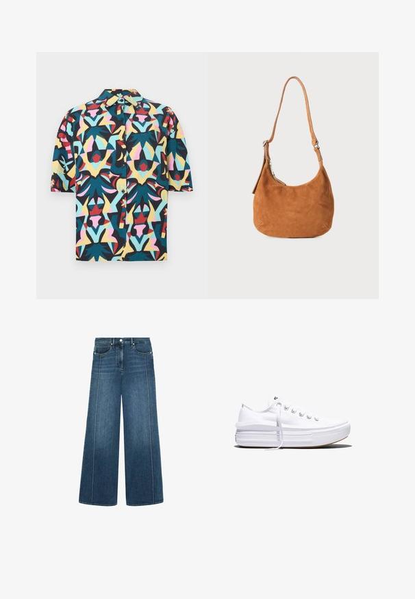 Kurzärmliges Hemd mit Knopfleiste, das ein farbenfrohes geometrisches Muster mit schwarzen, türkisfarbenen, gelben, rosa und roten Akzenten auf hellem Hintergrund zeigt.; Weite Jeans in dunkelblauem Denim mit kontrastierendem weißen Stich, Fünf-Taschen-Design und Knopfverschluss an der Taille.; Weißer Canvas-Sneaker mit niedrigem Schnitt, dicker Plateau-Sohle, vorderer Schnürung und rauer Gummikappe an der Spitze, aus seitlicher Ansicht gezeigt.; Tasche aus hellbraunem Wildleder mit geschwungenem Design, verstellbarem Trageriemen, Metallreißverschluss und geprägtem Logodetail auf der Vorderseite.