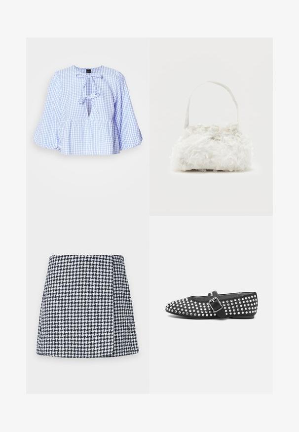 Blouse en vichy bleu et blanc avec de longues manches évasées, un lien à l'encolure et un ourlet peplum froncé. Tissu léger, design décontracté.; Mini-jupe à carreaux bleu marine et blanche, fabriquée en tissu texturé avec une forme évasée et une fermeture à glissière cachée sur le côté.; Chaussure plate noire à bout arrondi, dotée d'un design studded avec des accents métalliques et d'une sangle à boucle sur le cou-de-pied.; Petit sac à main blanc orné de roses en tissu recouvrant le corps et d'une fine anse unique, sur un fond uni.